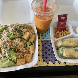 Vegan Spring Rolls (with Rice paper and Tofu)  Vegan Fried Rice with Tofu (Asked them to take out Eggs)  Thai Tea