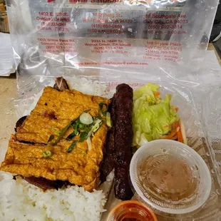 Takeaway: #46. Pork Chop, Chinese Sausage, and Fried Shrimp Cake Rice Plate.