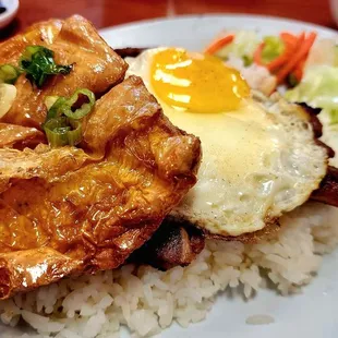 #42 shrimp cake, pork chop and egg