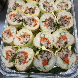 a tray of sandwiches