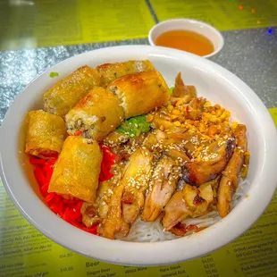 Grilled Chicken and Imperial Rolls over Vermicelli
