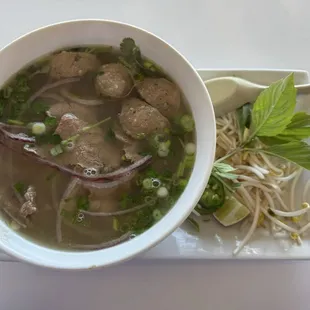 Beef Pho: A generous portion of noodles, tender filet, brisket, and meatballs!