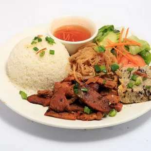 #92 Rice Dish with grilled pork, meat loaf, shredded pork skin