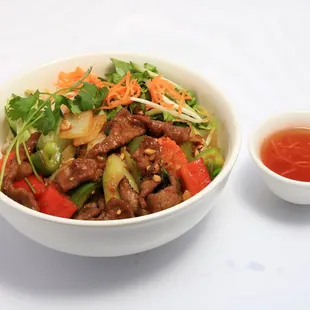 #59  Vermicelli  with  stir fried lemon grass sauce  and your choice of: 
chicken/ shrimp/ Beef