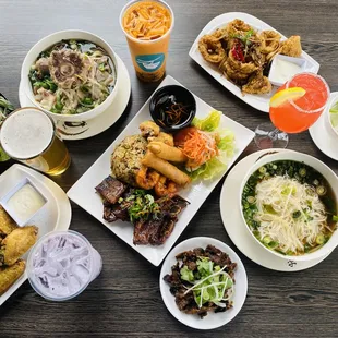 a table full of food and drinks