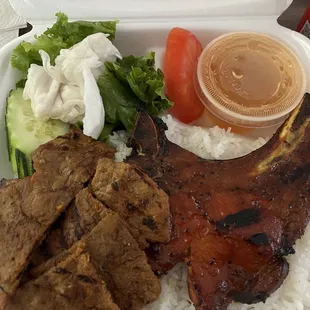 Beef and pork chop rice plate (beef looks tough but is surprisingly tender)