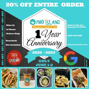 June 1-2 (20% OFF ALL DISH) ONE YEAR ANNIVERSARY