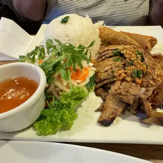 G7. Grilled Pork & Egg Roll Over Rice Plate