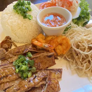 G14. Grilled Pork, Shrimp & Shredded Pork Skin Over Rice Plate
