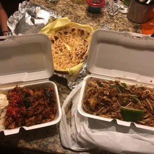 Basil chicken, cheese quesadilla &amp; pad Thai with chicken