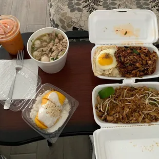 Thai Tea, Lao/Thai Chicken noodle soup, Mango Sticky Rice, Thai Chicken Basil (top right) and Chicken Pad Thai (bottom right).