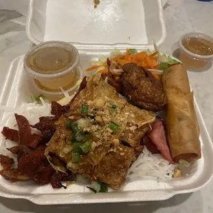 Vermicelli with pork and shrimp patty and spring roll