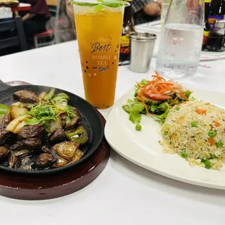 R2. Fried Rice with Fillet Mignon Shaken Beef and Side Salad Plate