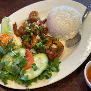 Grilled shrimp rice plate