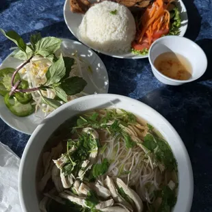 a bowl of soup and a plate of rice