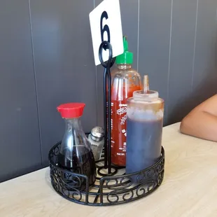 a table with condiments on it