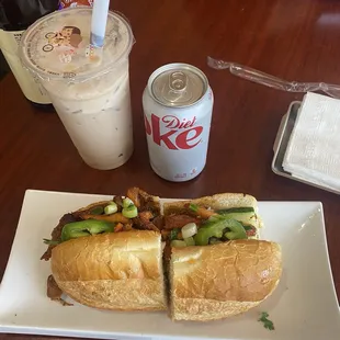 This is the Grilled Chicken Teriyaki Sandwich (Banh Mi Ga Teriyaki) and Milk Tea boba.