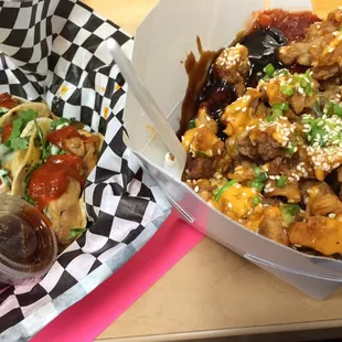 Chicken tacos and Cajun chicken with rice