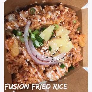 Pineapple, ground beef chorizo, and scrambled egg fried rice. Regular, mild, med, spicy, fire