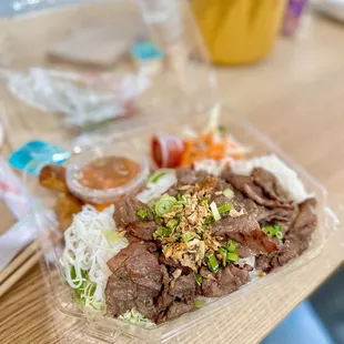 beef and noodles in a plastic container