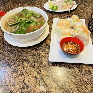 Spring rolls and beef/brisket pho