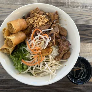 Bun king way combo (egg rolls, grilled pork, and grilled shrimp.)