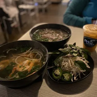 Egg noodle with Shrimp, Classic Pho with beef, Thai iced tea