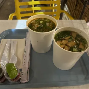 Rice Noodle Pho with veggie broth and tofu (right)  Egg Noodle Pho with beef broth and chicken (left)