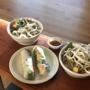 three plates of food on a table