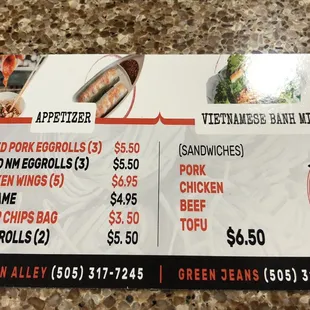 Apps and banh mi menu