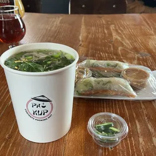 Rare beef pho with shrimp spring rolls