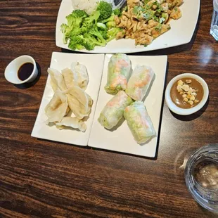 Teriyaki chicken w/rice Steamed chicken dumpling and Shrimp Spring roll