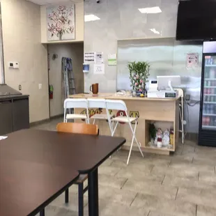 a kitchen and dining area