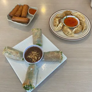 Veggie spring rolls, pork egg roll, pot stickers
