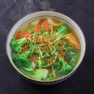 Vegetarian noodle soup( veggie broth)-brocolli, bok choy, carrots, baby corns, and tofu ( Fried or Soft) topped with fried onions