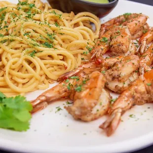 Tiger Prawns with Garlic Noodles- Jumbo tiger shrimps served with house dipping sauce