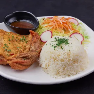 Crispy Chicken with Jasmine rice- marinated chicken fried to perfection served with house sauce