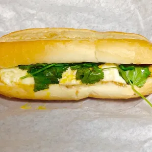 Tofu banh mi with fried egg.