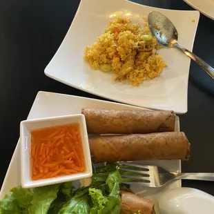 Crispy egg rolls with chicken fried rice