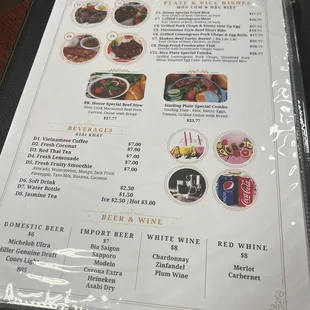 Menu: Plate &amp; Rice Dishes, Beverages, and Beer &amp; Wine