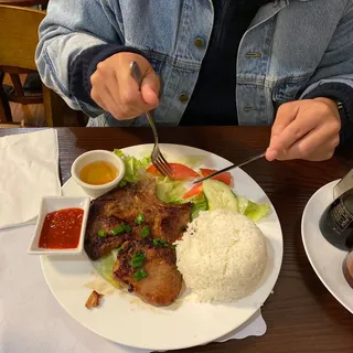 Grilled Pork Chop, Fried Chicken Wings, Egg Roll Plate