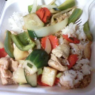 This is their Sweet and Sour chicken. Not the one we're familiar with at Chinese restaurants, but its good stuff