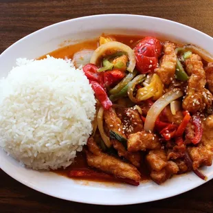 Sweet &amp; sour chicken with steamed rice