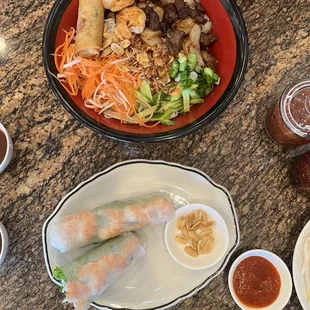 Spring rolls and beef, shrimp and egg roll vermicelli bowl.