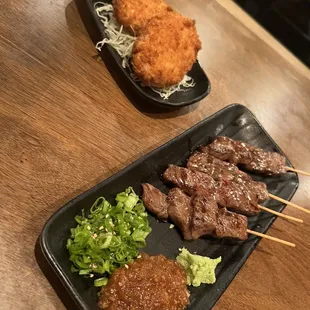 Croquettes and beef Kobe skewers