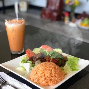 Shaken Beef with Red Rice (Bo Luc Lac)