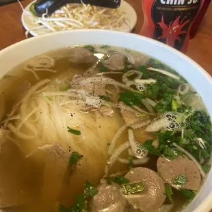 Beef and meatball pho with extra noodles
