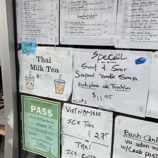 a menu on a refrigerator