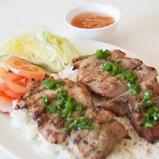 a plate of meat and rice