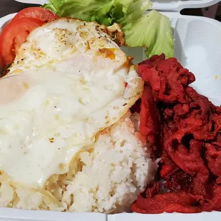 Tocilog and eggs with white rice